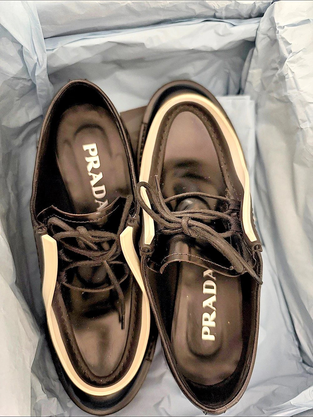 Prada Brushed Leather Lace-Up Shoes Women's Black & White Sneakers EU 39 Like